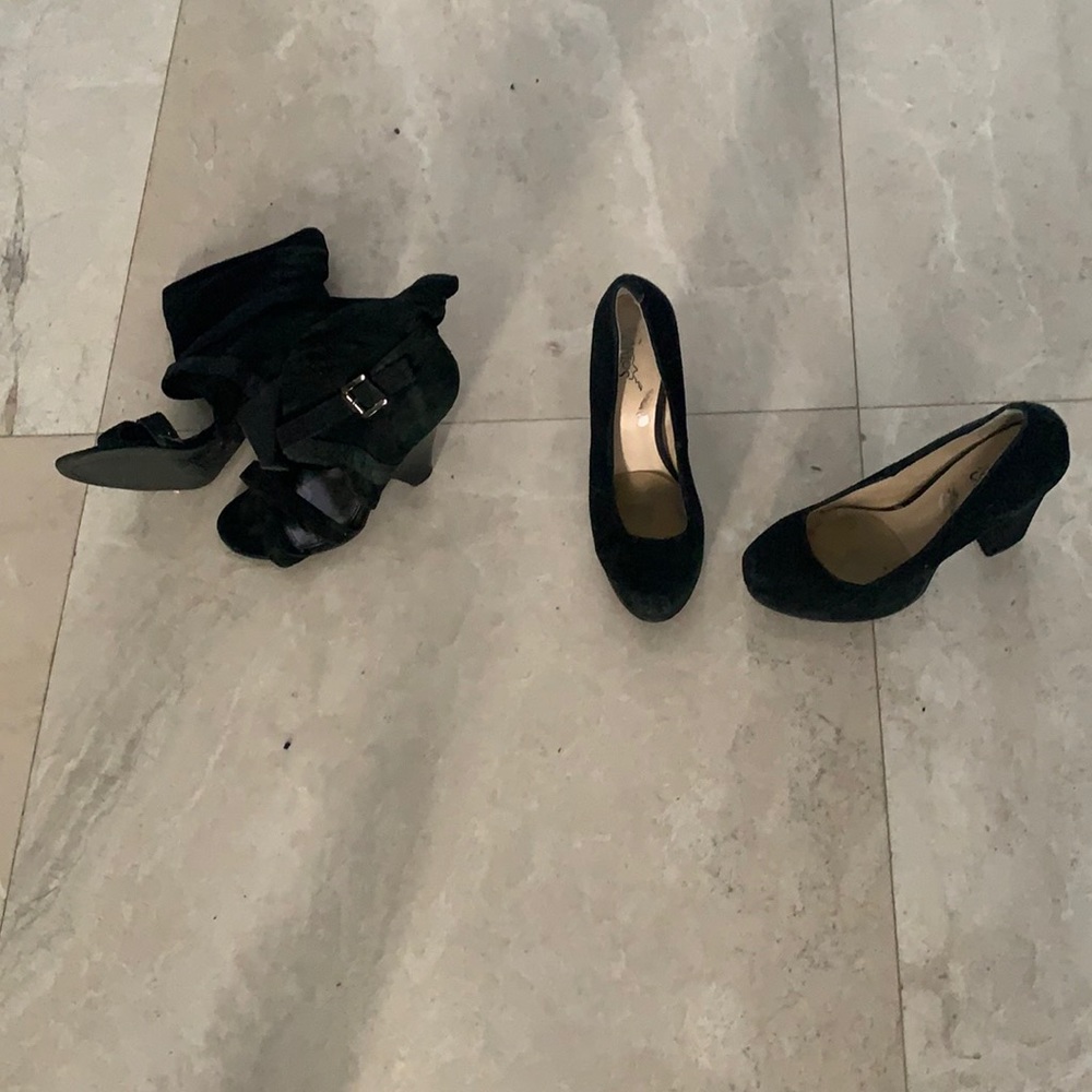 Two pairs of black suede heels